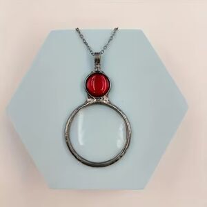 Red Gemstone Magnifying Glass Necklace Pendant Antique Style Chain Crystal New